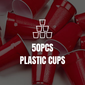 Red plastic cups with a pyramid icon and text '50PCS PLASTIC CUPS' on a dark background.