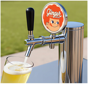 Ginger Jack beer tap pouring a glass of beer with a green outdoor background