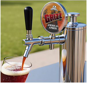 Beer tap with 'Grizz American Amber' branding dispensing beer into a glass.