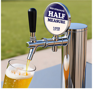 Beer tap with a glass of Half Measure Lager beer being poured, set against a blurred green background.