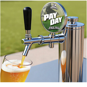 Beer tap labeled 'Pay Day Pale Ale' pouring beer into a glass with a blurred green background.