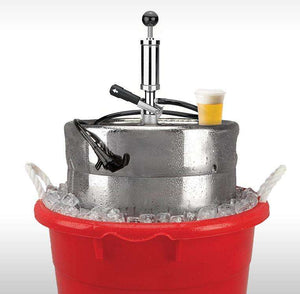 Metal beer keg with tap and red cooler filled with ice on a white background